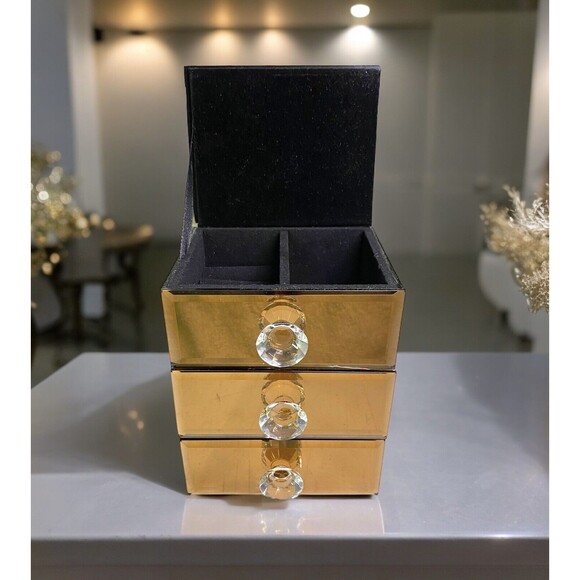 Allure Mirrored Jewelry Box Amber Smoke 3 Compartments Clear Crystal Gem Knobs - Picture 1 of 16
